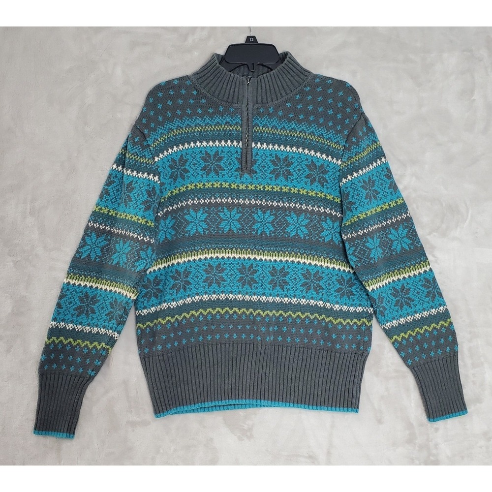 Vtg Nomadic Traders1/4 Zip Sweater Womens XL Blue Green Fair Isle Nordic EUC